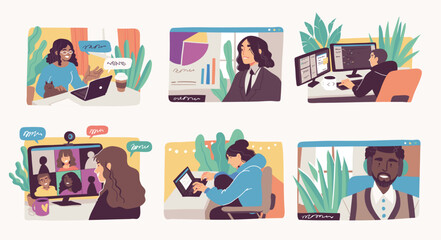 Wall Mural - freelance people work from home. distant work business concept. illustrations of men and women teamw