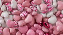 Multicolored Heart Background. Valentine Wallpaper With Pink, White And Metallic Love Hearts. 3D Render 