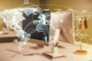 Wall Mural - abstract graphic digital world map with connections on modern computer background, globalization con