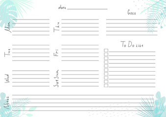 Wall Mural - Printable A4 paper sheet with weekly planner blank to fill on background with tropical leaves. Minimalist planner for bullet journal page, habit tracker, daily planner template, blank for notebook.