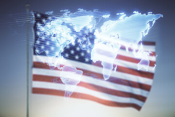 Wall Mural - abstract creative world map interface on usa flag and sunset sky background, international trading c