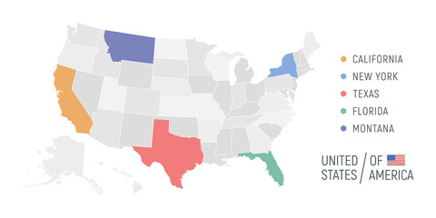 Infographic of United States map. Slide presentation template. USA blank map isolated on white background. US statistic concept. Vector illustration