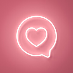 Poster - Neon social media notification love like heart icon in round speech bubble pin isolated on pink pastel color wall background with shadow minimal conceptual 3D rendering