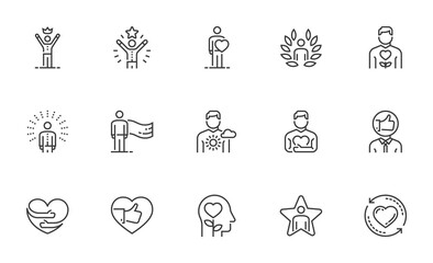 Set of Vector Line Icons Related to Self-esteem. Self-acceptance, Self-respect, Self-development. Editable Stroke. 64x64 Pixel Perfect.