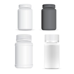 Wall Mural - Plastic pill bottle. White supplement jar, 3d container blank. Medicine tablet pharmaceutical packaging mockup. Prescription capsule, aspirin drug jar template mock up illustration