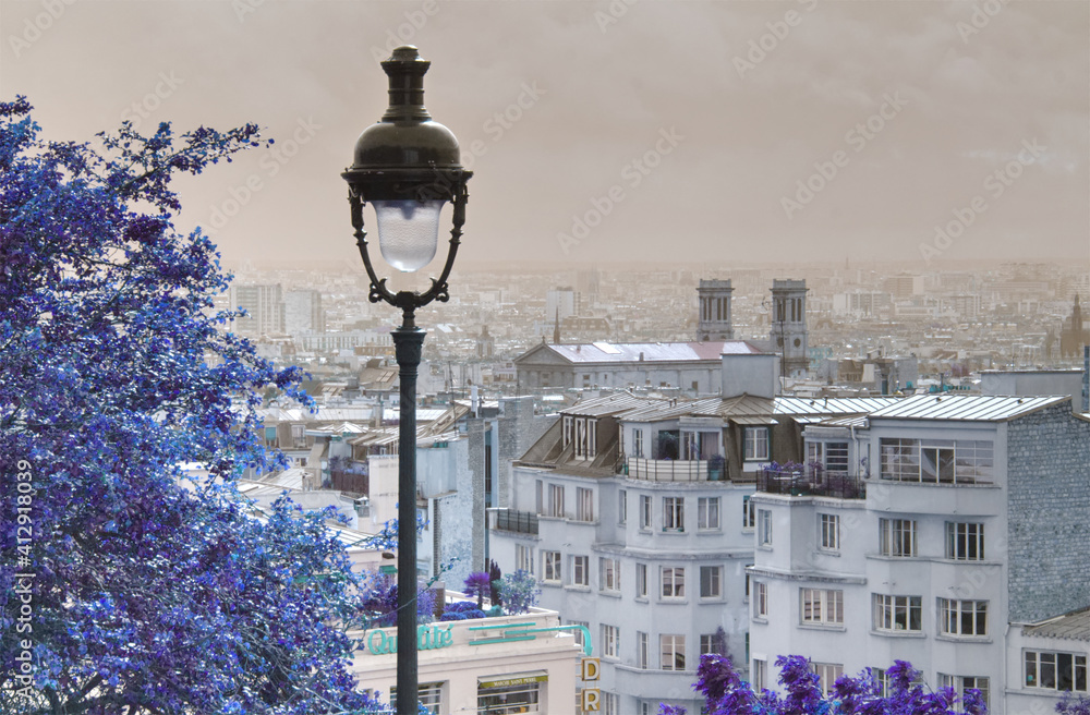 Obraz na płótnie Panorama Paryża z latarnią w salonie