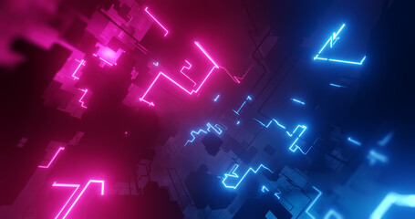 Canvas Print - dark futuristic city or virtual reality with lightning neon high tech lines. 3d render