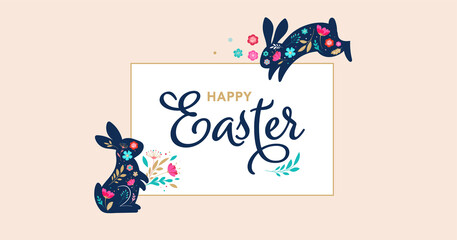 Wall Mural - Happy Easter, decorated easter card, banner. Bunnies, Easter eggs, flowers and basket. Folk style patterned design. 