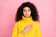 © deagreez - Photo of young attractive latin girl hand on chest calm peaceful isolated over pink color background