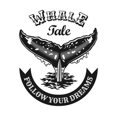 Wall Mural - Engraving black emblem with whale tail. Monochrome design elements with whale tail and text. Underwater animals or wildlife concept for travel agency stamp, label, sign template