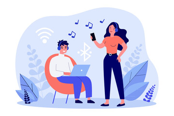 people listening to music online on digital devices. music app users with laptop and smartphone. fla