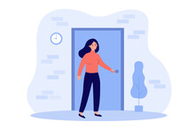 Person Holding Handle And Opening Apartment Door. Woman Entering Into House Or Office. Flat Vector Illustration For Entrance, Home, Exit, Challenge, Opportunity Concept