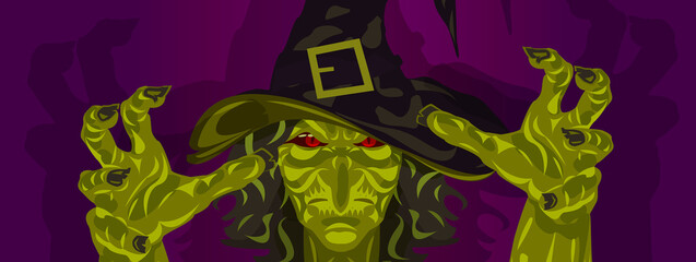 witch costume Halloween mask and hands on purple background reaching hands out to grab you