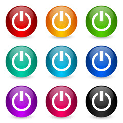 Fototapete - Power icon set, colorful glossy 3d rendering ball buttons in 9 color options for webdesign and mobile applications