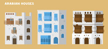 Authentic Traditional Arabian Houses Vector Illustrations Set. Ancient Buildings Of Jeddah.