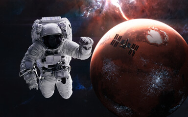Wall Mural - mars. astronaut, space station on background of inhabited red planet. solar system. 3d render. scien