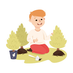 Canvas Print - Happy Boy Planting Tree Sapling, Save the World, Ecology Concept Cartoon Vector Illustration