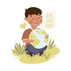 Sticker - Happy Boy Sitting on Green Lawn with Earth Globe, Save the World, Ecology Concept Cartoon Vector Illustration