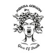Creative emblem head of Medusa Gorgon. Monochrome design element with female myth creature with snakes for hair. Ancient Greece mythology concept for tattoo, stamp, print template