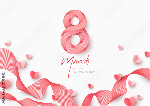 March 8 symbol in 3d retro line art style with flying paper hearts. International Women's day pink background. Vector illustration for poster, flyer, voucher or brochure template. Place for text. © kotoffei