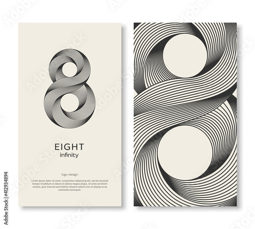 Business card template with eight logo and strip pattern. Vector illustration. Corporate icon minimal design, place for text. Trendy retro 3d graphic style. 8 geometric outline emblem, infinite lines © kotoffei