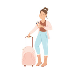 Poster - Young Woman Tourist Standing with Suitcase and Plane Tickets, Girl Going on Vacation Trip or Journey Cartoon Vector Illustration