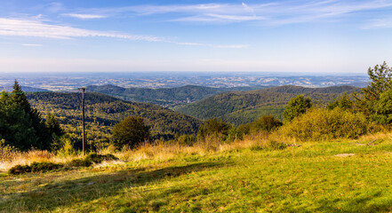 Panoramic view of eastern Beskidy mountains from Gron Jana Pawla II - John Paul II peak in Little Beskids mountains near Andrychow in Lesser Poland