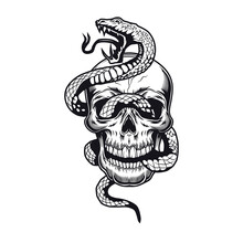 Skull With Snake Tattoo Design. Monochrome Element With Dead Skeleton Head Vector Illustration. Wild Animal Gothic Concept For Symbols And Labels Templates