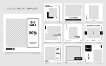 Social Media Template Banner Fashion Sale Promotion. Fully Editable Instagram And Facebook Square Post Frame Puzzle Organic Sale Poster. Black White Vector Background. Black Friday Theme