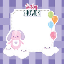 Baby Shower, Bunny With Balloons Clouds And Checkered Background Card
