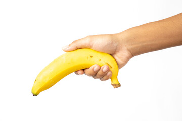 Banana peel aging in hand isolated on white background.