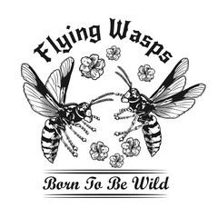 Poster - Two wasps in flowers black and white tattoo vector illustration. Vintage flying wasps and blossoms. Dangerous insects and fauna concept can be used for retro template, banner or poster