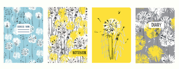 Set of cover page templates with dandelions. Based on seamless patterns. Headers isolated and replaceable. Perfect for school notebooks, diaries