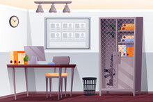 Police Station Interior Background. Security Department Office Vector Illustration. Room With Desk, Computer, Chair, Binders, Plant, Cupboard With Gun, Board. Horizontal Scene