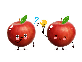 Cute apple with question marks and light bulb.  Cartoon character illustration design with hand drawing graphic elements. Isolated on white background. Apple think concept