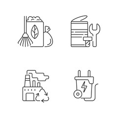 Poster - Environmental concern linear icons set. Yard waste collection. Scrap iron and aluminum components. Customizable thin line contour symbols. Isolated vector outline illustrations. Editable stroke