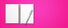 Blank Open Spiral Notebook And Pen Isolated On Pink Banner