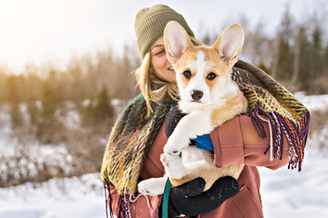 Young happy woman having fun in snowy winter park with Corgi baby dog