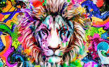 Lion Head With Creative Abstract Elements On Colorful Background