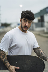 Wall Mural - Shallow focus shot of a handsome European skater posing with a skateboard in hands