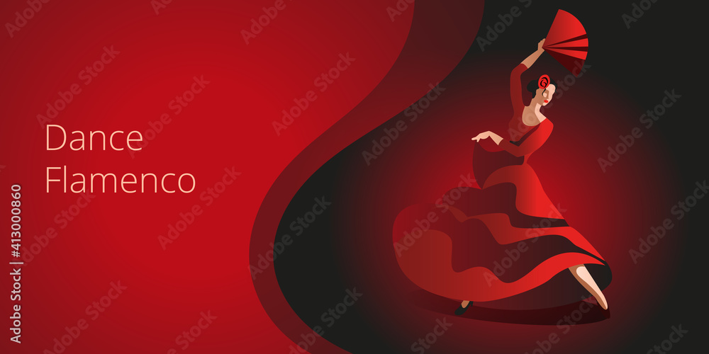 A slender woman with a fan dancing flamenco. The first screen template for the landing page. - obrazy, fototapety, plakaty 