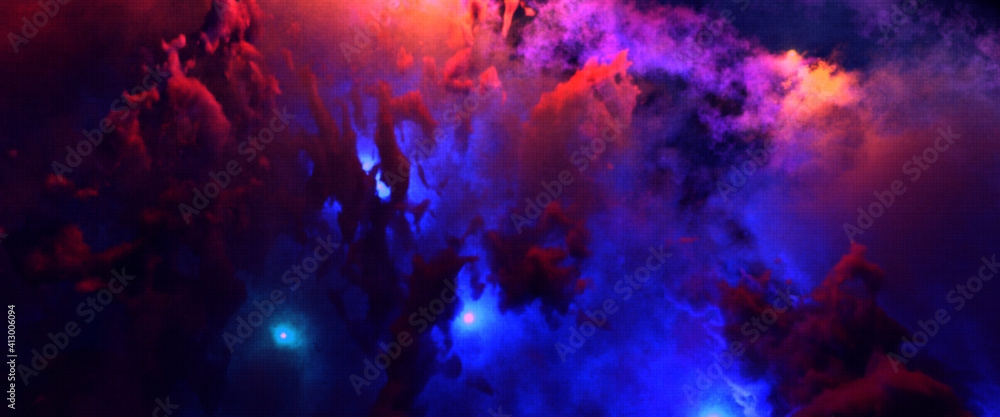 Beautiful space background. Nebula blast. Multicolored space clouds. Blue glowing gas giants. Science fiction backdrop. Fantastic cosmic wallpaper. Vector illustration. EPS 10. - obrazy, fototapety, plakaty 