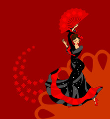 Wall Mural - Flamenco dancer in black dress with red fan