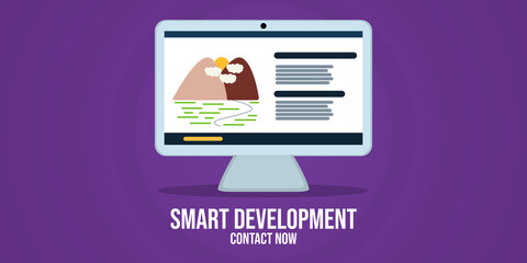 Vector illustration of a pc screen and a text 'smart development' on a purple background