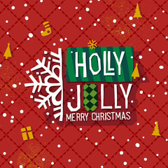 Wall Mural - Festive Christmas background with the inscription holly jolly. Christmas theme elements: tree, gifts, patterns and snowflakes. Vector illustration of a festive theme.