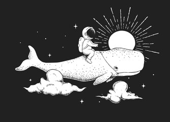 Wall Mural - astronaut flying on a cachalot at the night