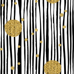 Aufkleber - Hand drawn black vertical stripes seamless pattern with golden dots. Vector seamless background