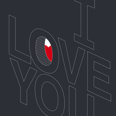 Poster - The phrase I Love You in perspective view. Hole through which a red heart is visible. Valentine day concept, vector illustration.