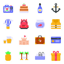 
Pack Of Holiday Equipment And Food Flat Icons 
