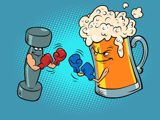 Wall Mural - beer mug and dumbbell box. Healthy and harmful lifestyle